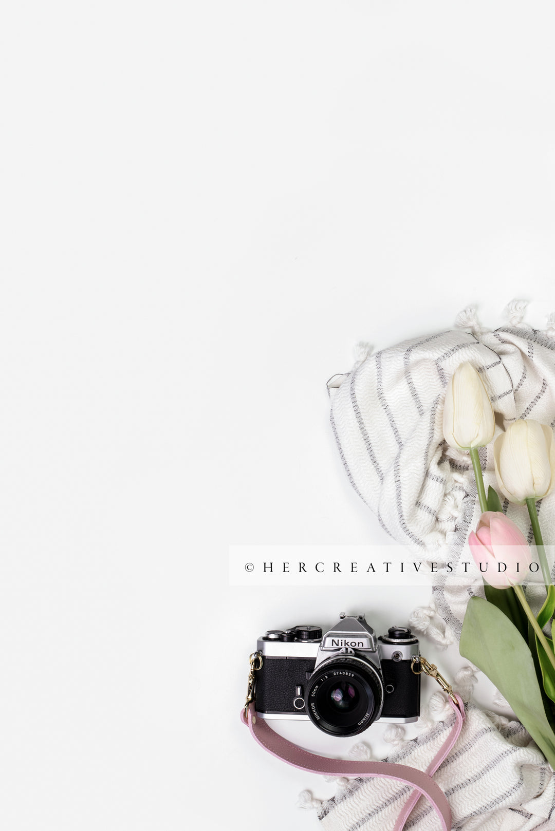 Camera & Tulips on White Background, Styled Image