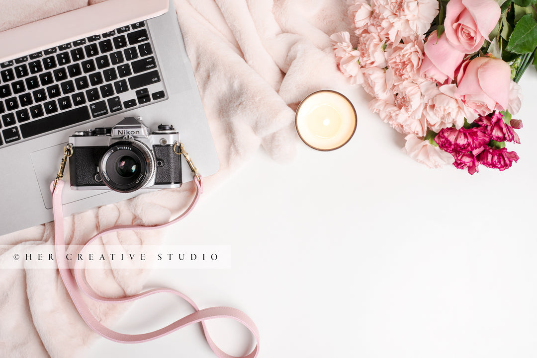 Laptop, Camera & Flowers Styled Image