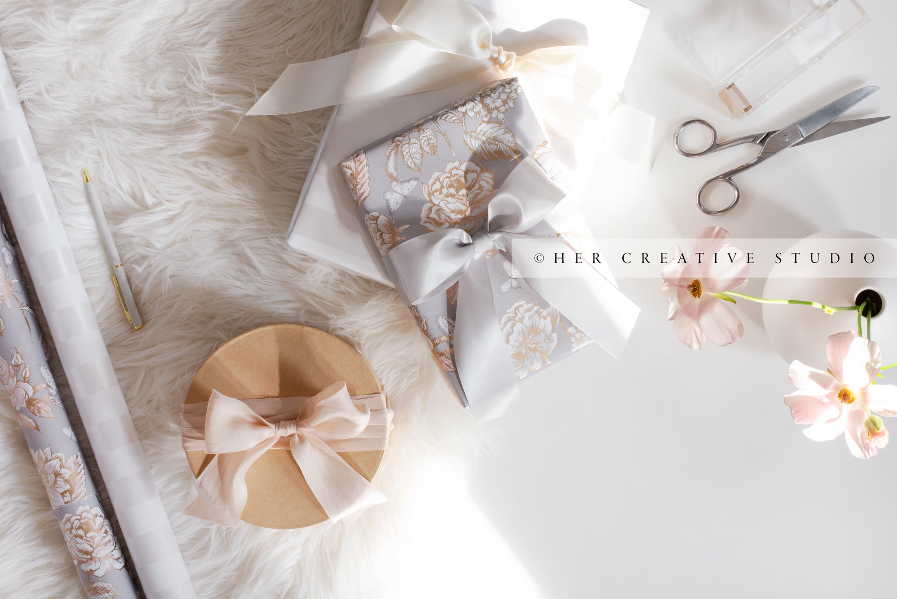 Gift wrapping with boxes and scissors Stock Photo by ©karandaev