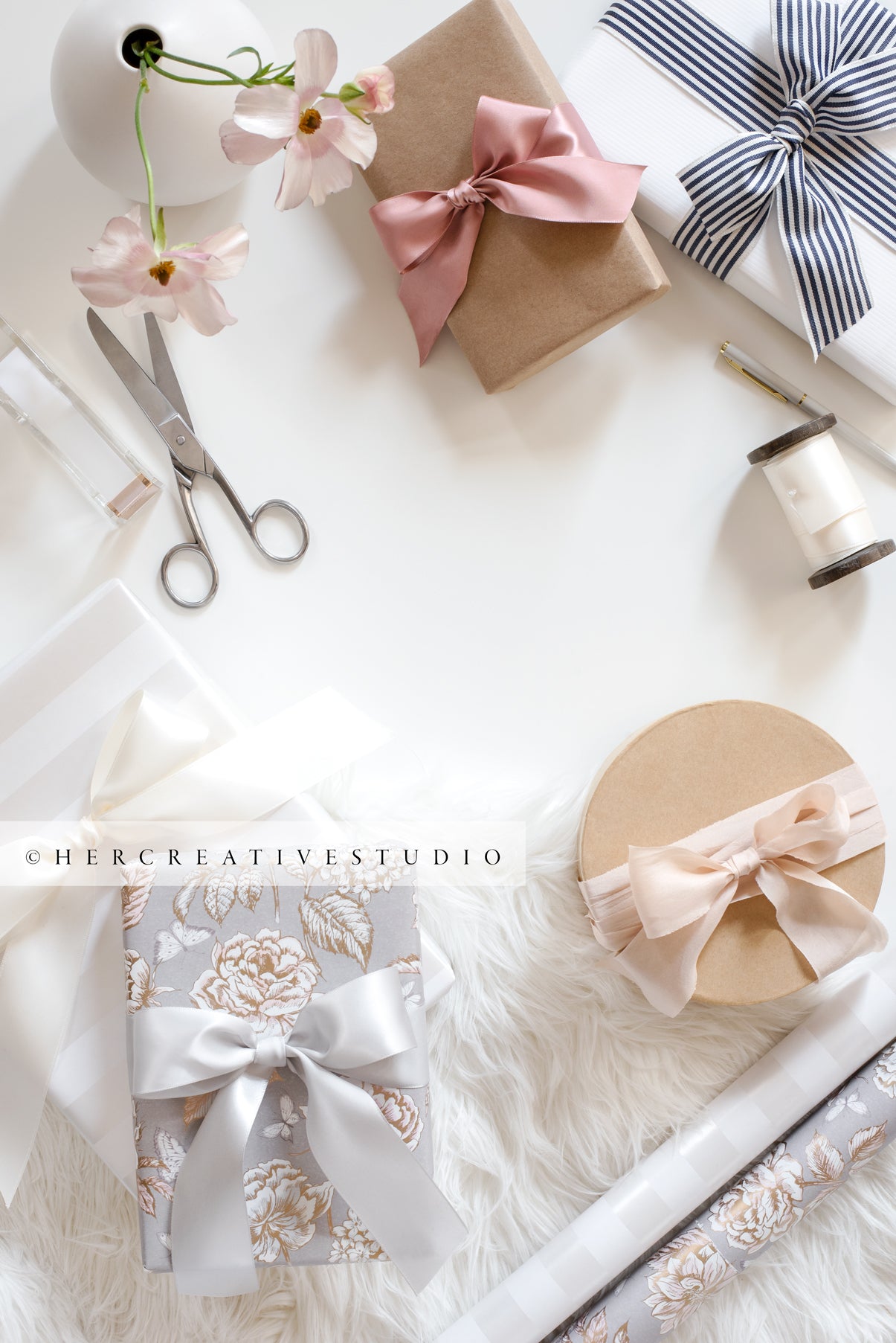 Gifts, Ribbon, Flowers & Scissors. Stock Image – Her Creative Studio