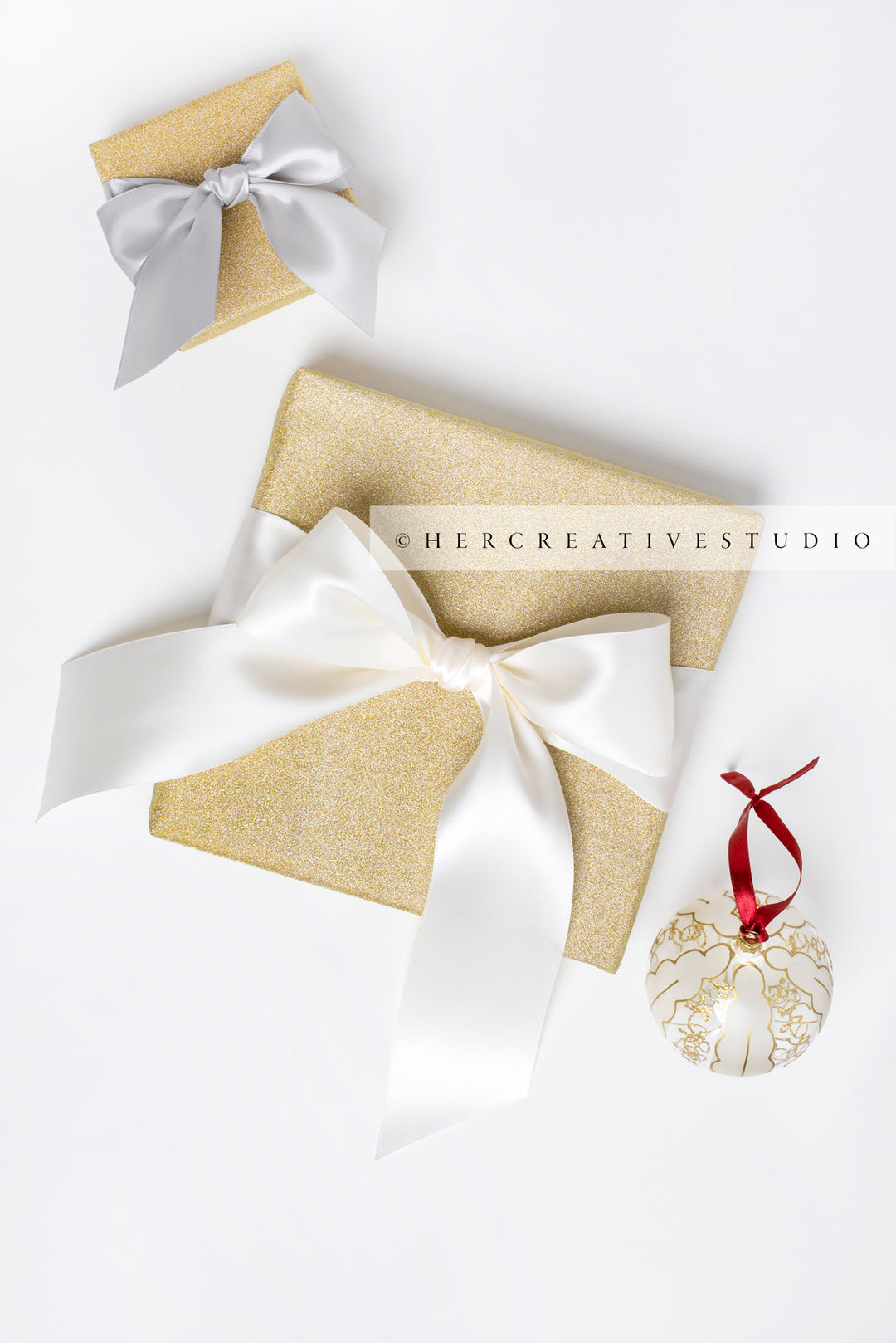 Gold Presents with White & Grey Ribbon & Ornament