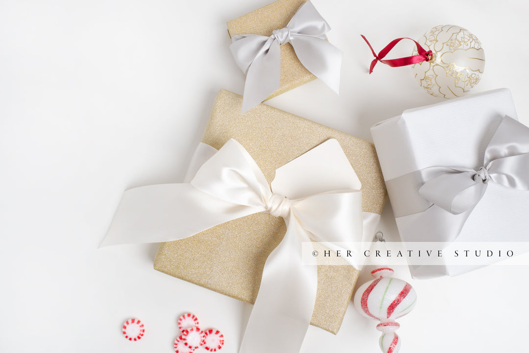 Gold & White Presents with Trimimgs on White Background