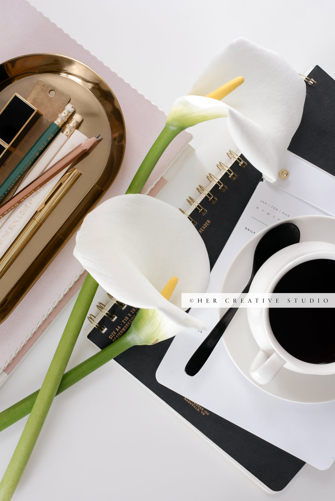 Calla Lillies and Coffee Stock Photo