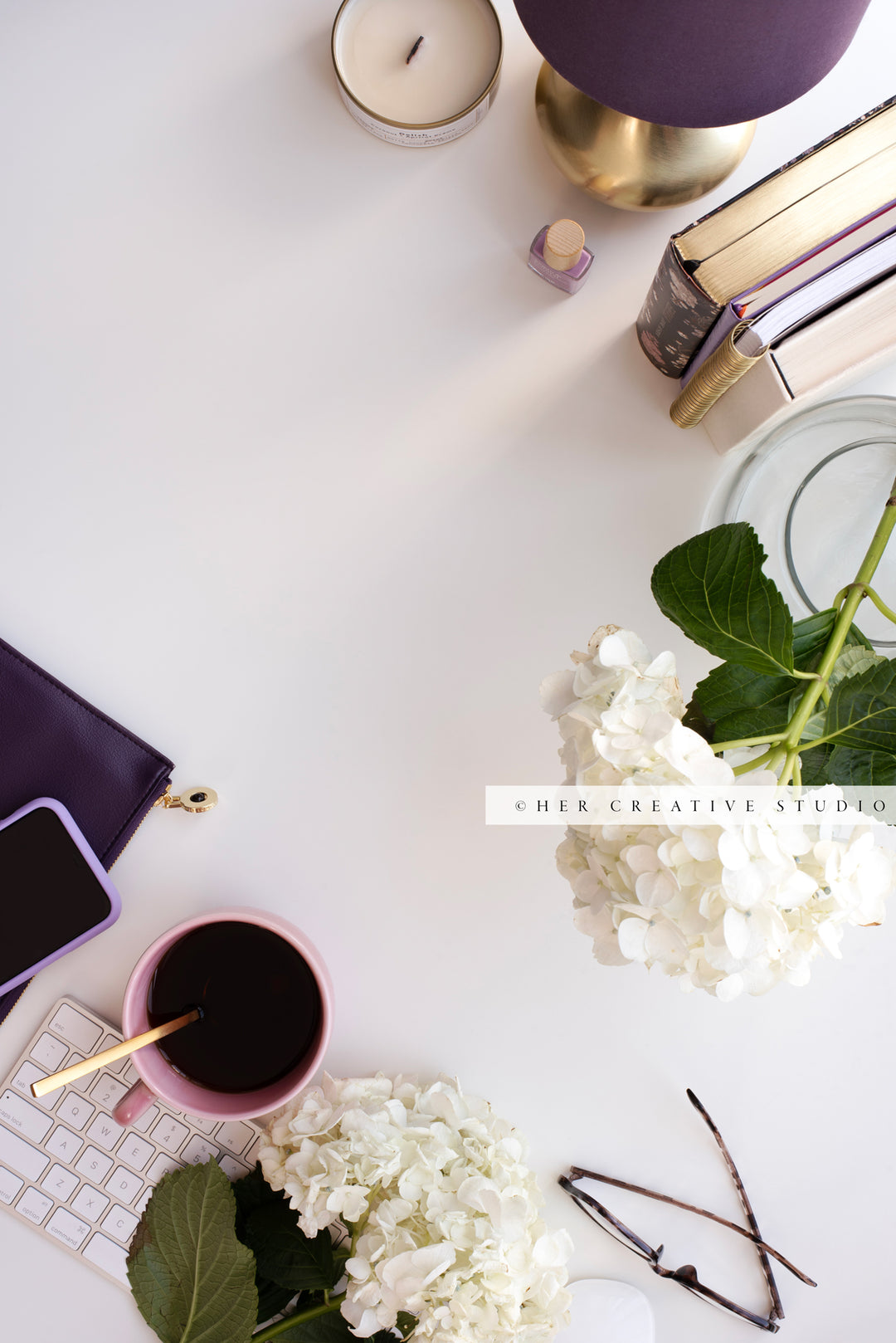Purple Workspace With Florals, Stock Photo.