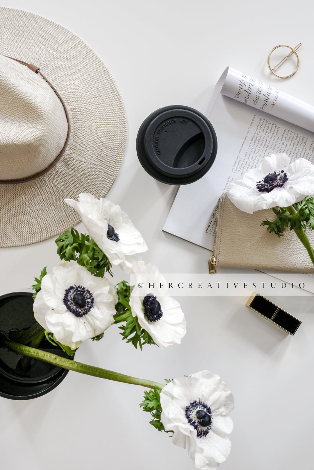 Panama Hat, Coffee & Anemone,  Styled Flatlay