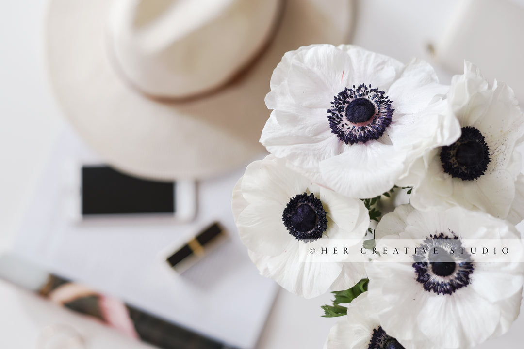 Anemone Flowers on Workspace with Panama Hat. Styled Image.