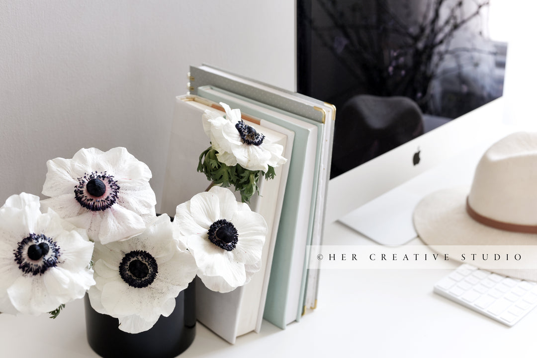 Workspace with Panama Hat & Anemone. Styled Image.