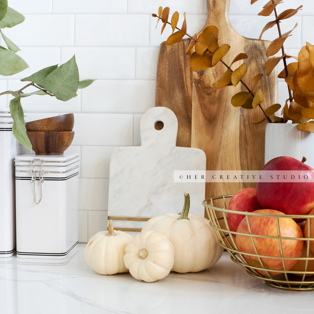 Red Apples & Pumpkins in Kitchen. Digital Stock Image.