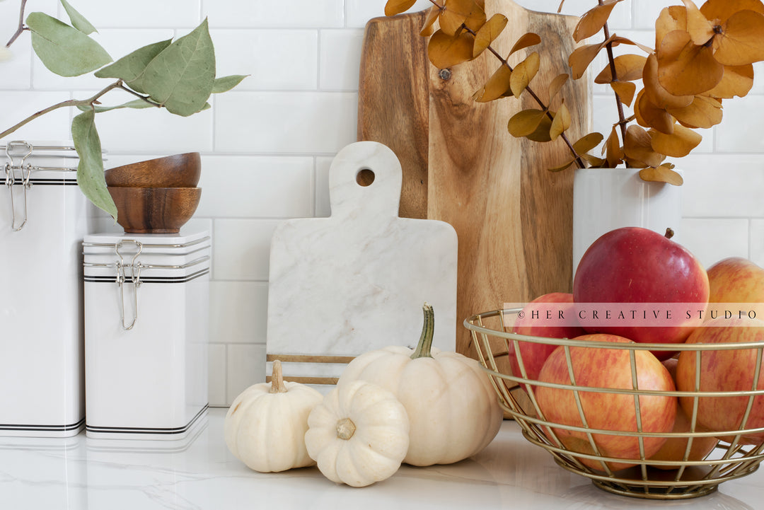 Apples & Pumpkins in Fall Kitchen. Digital Stock Image.