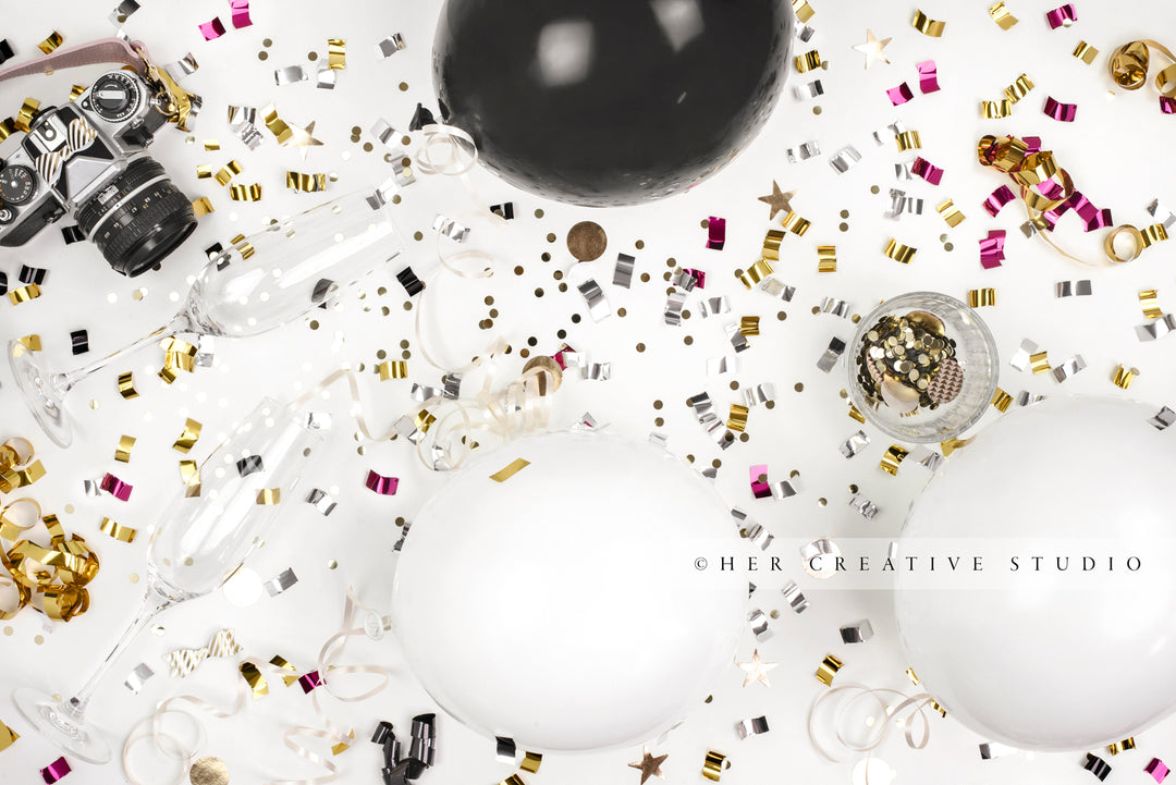 White and Black Balloons with Confetti, Styled Image