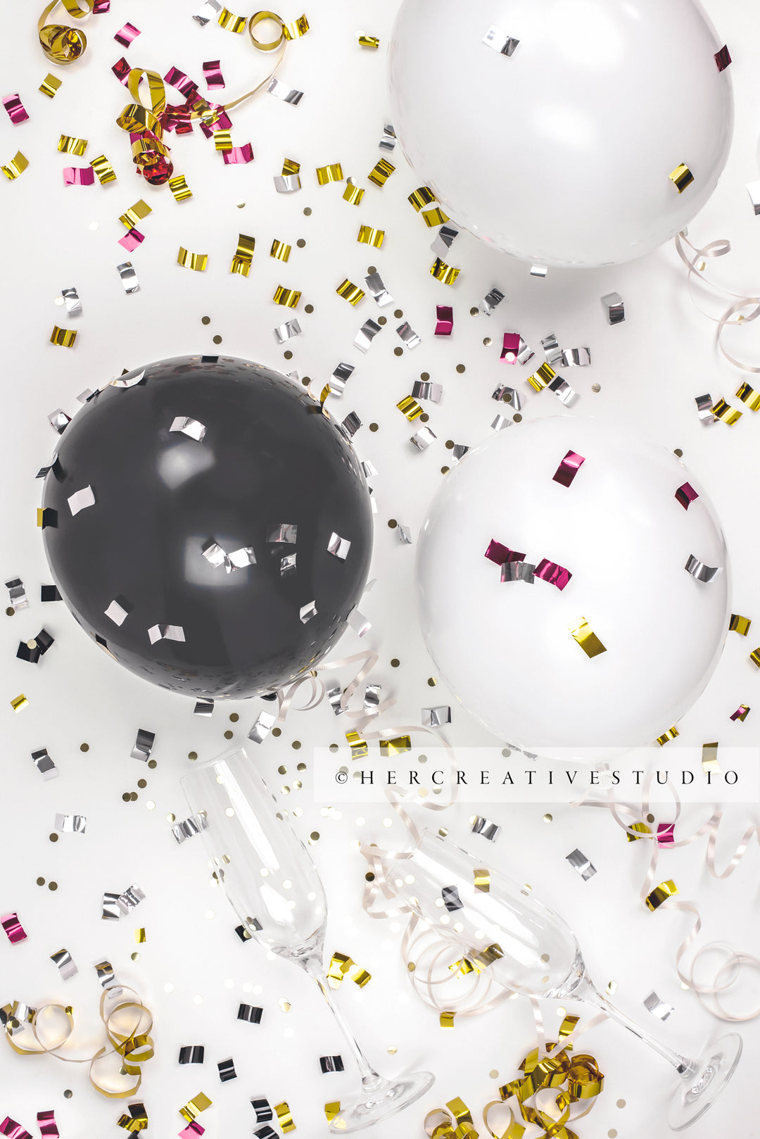 Black Balloon, Champagne Glasses & Confetti