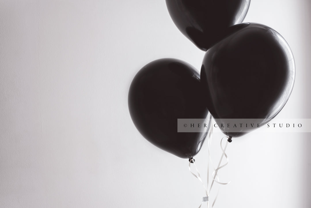 Black Balloons on White Background. Styled Image.