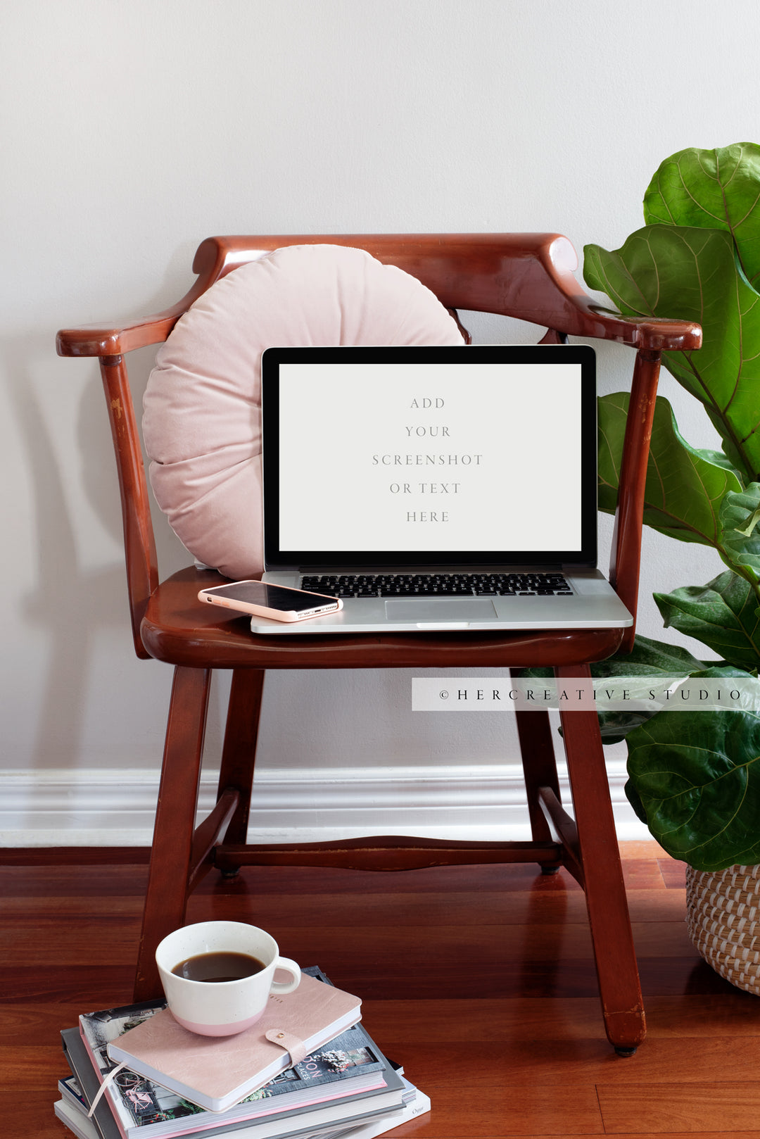 Laptop & Coffee on Brown Chair. Digital Image.