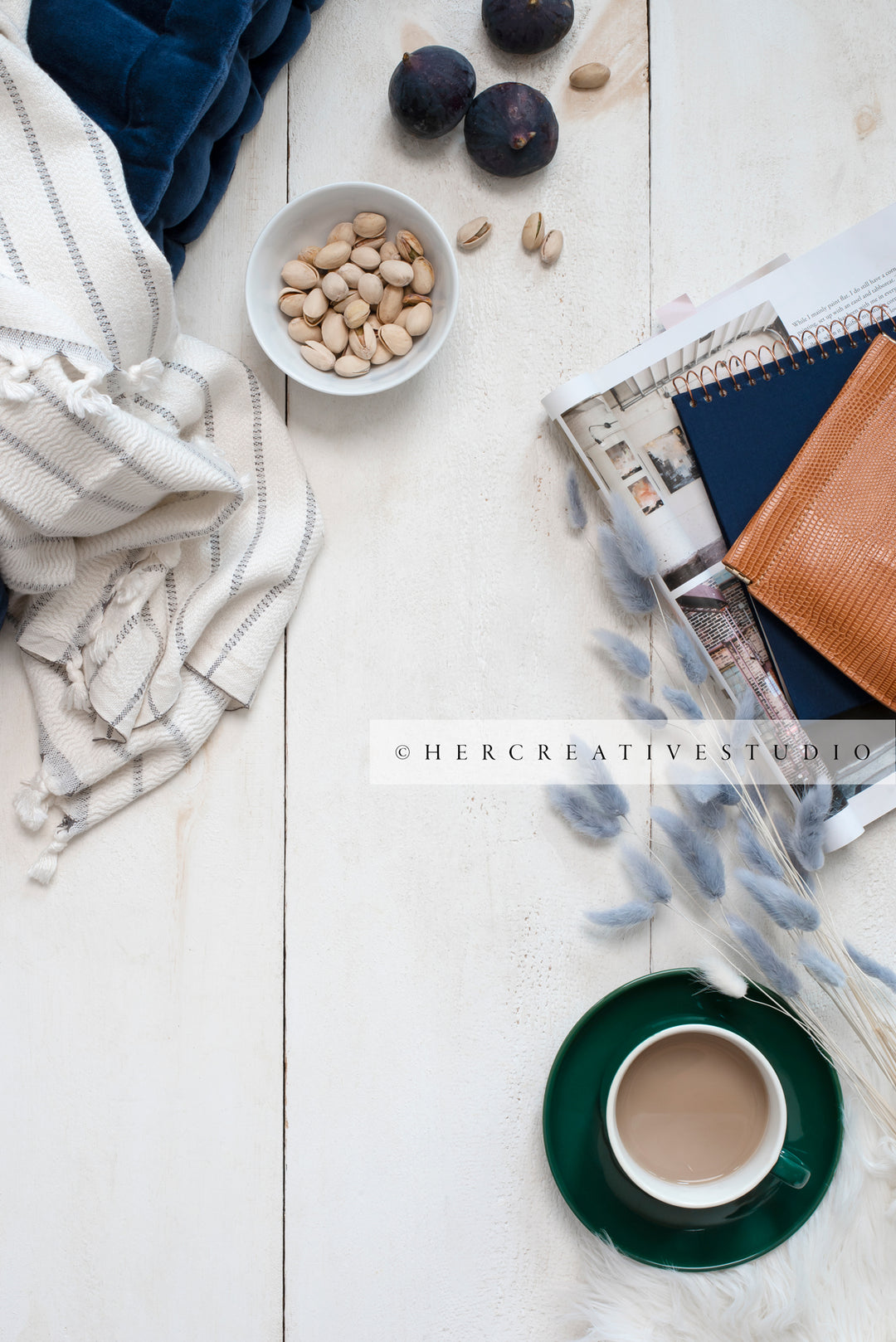Coffee & Notebooks on Wood Background