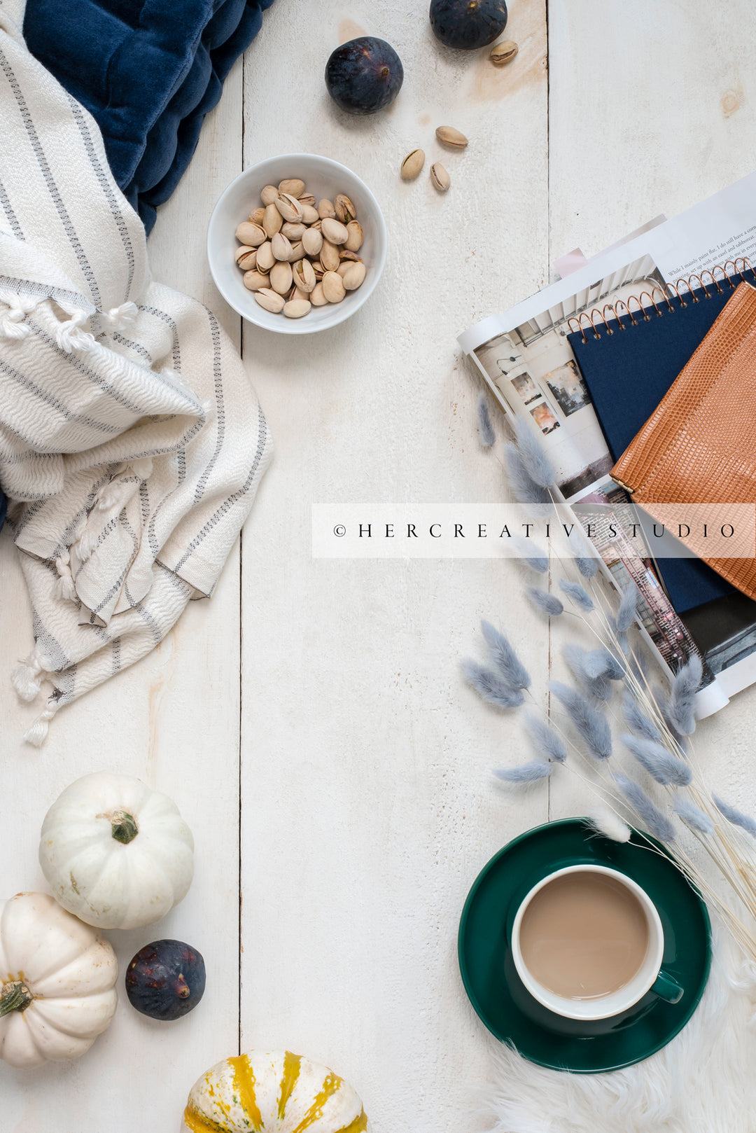 Coffee, Pumpkins & Notebook on Wood Background