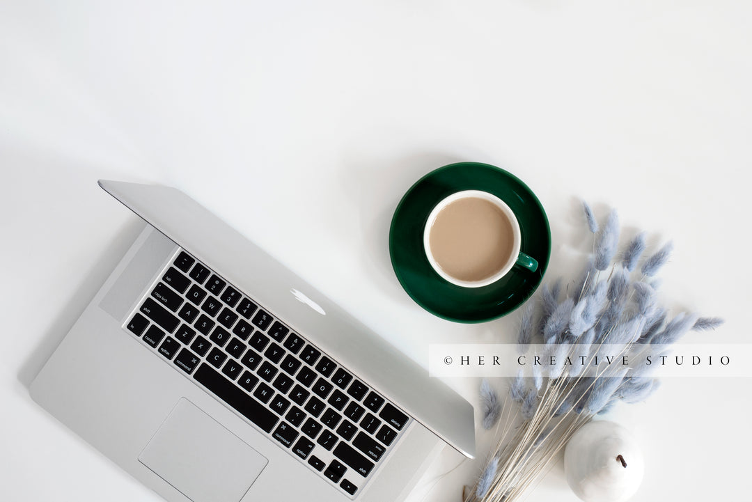 Bunny Tail, Laptop & Coffee on White Background, Stock Image