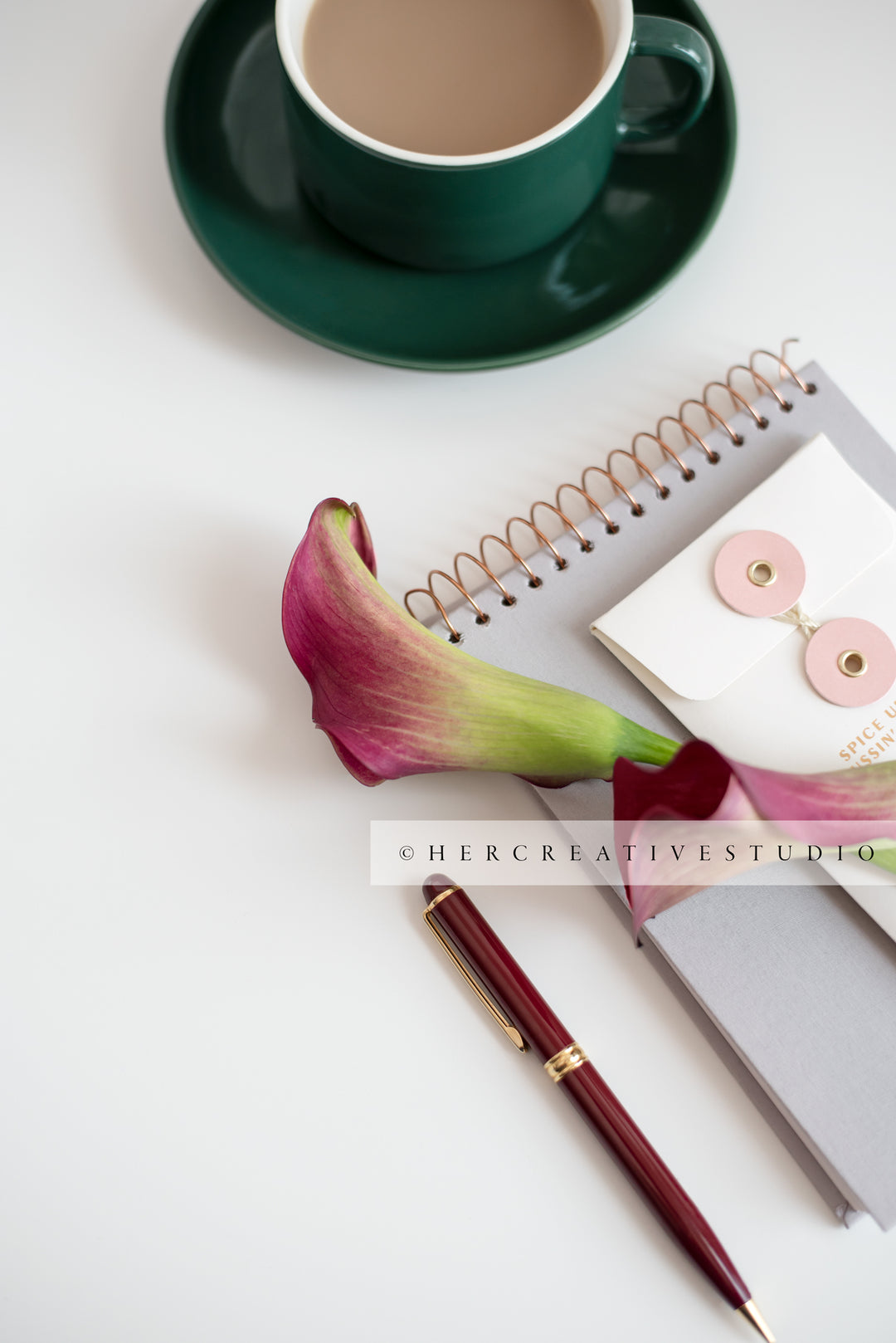 Coffee, Calla Lilly & Notebook on White Background