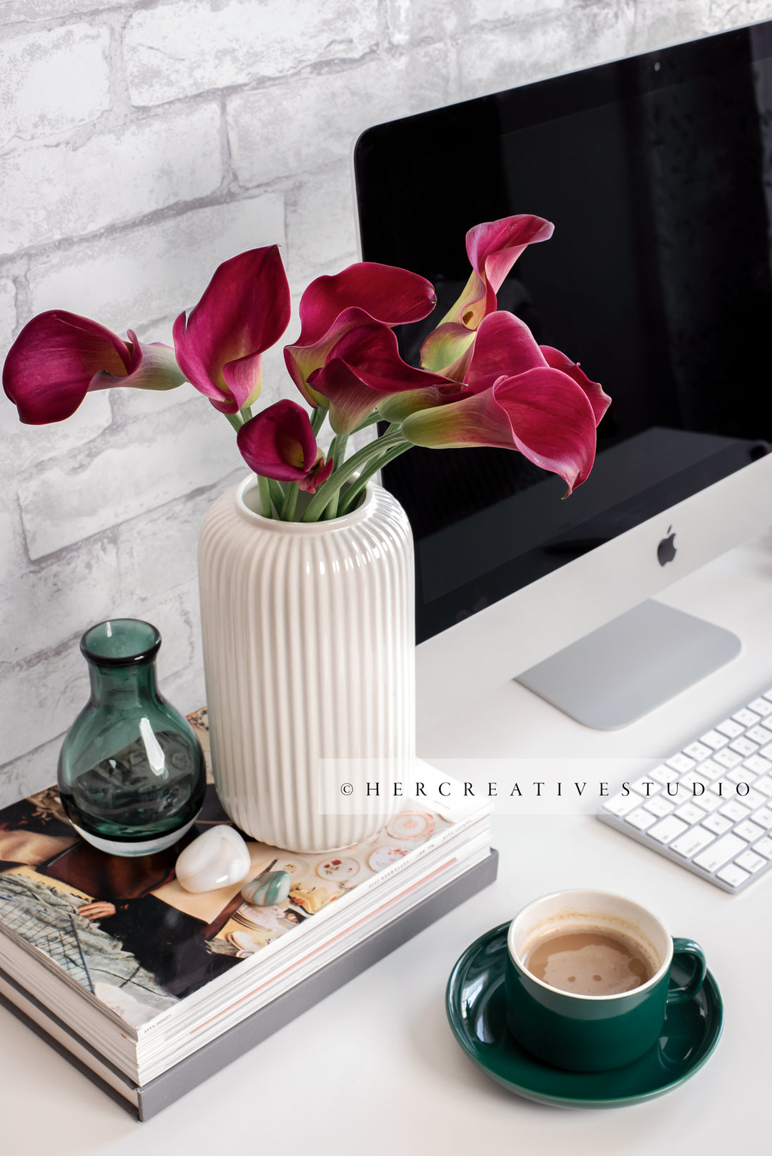 Calla Lillies & Coffee on Desktop. Stock Photo.
