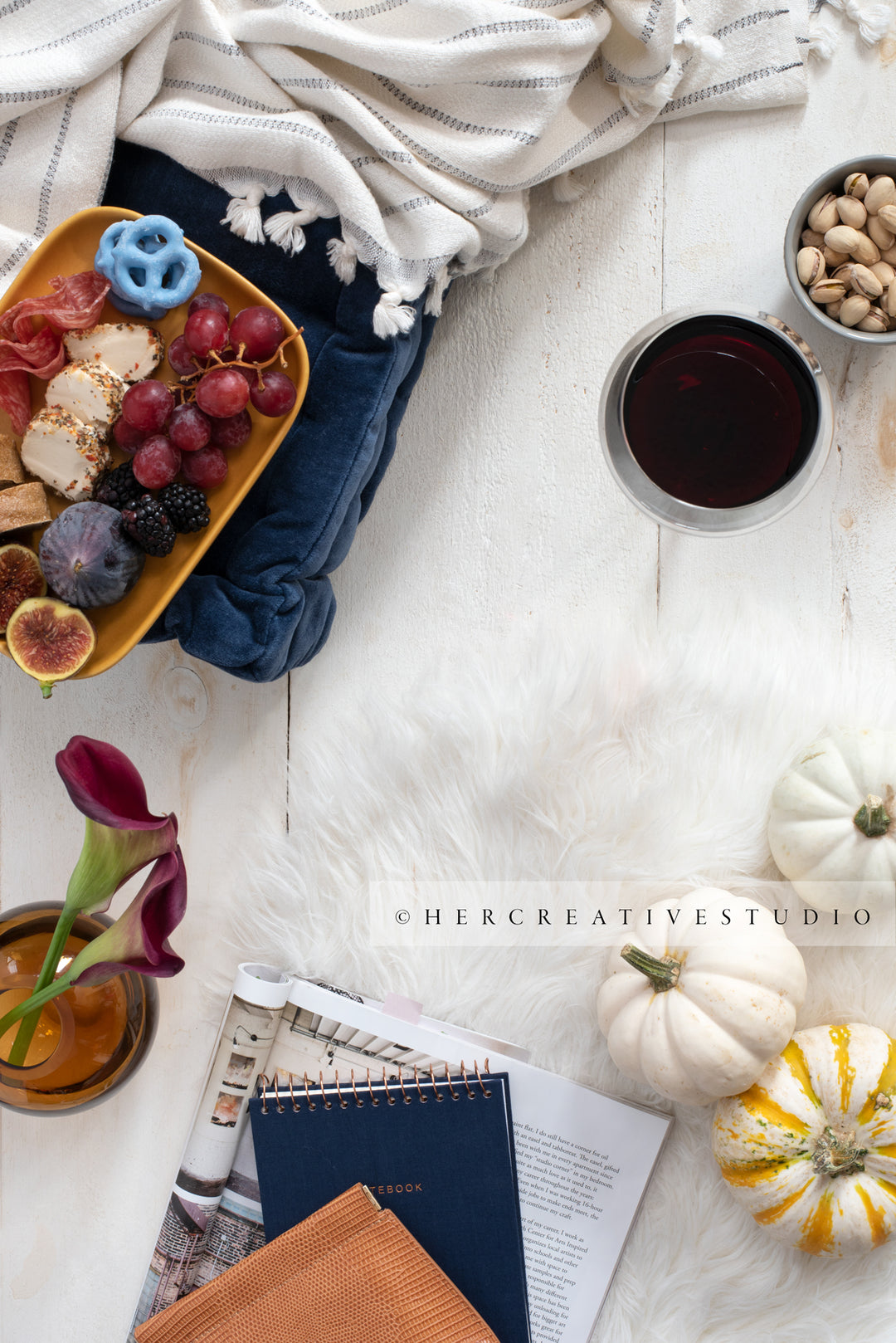 Cheese Plate, Pumpkins & Red Wine, Styled Image