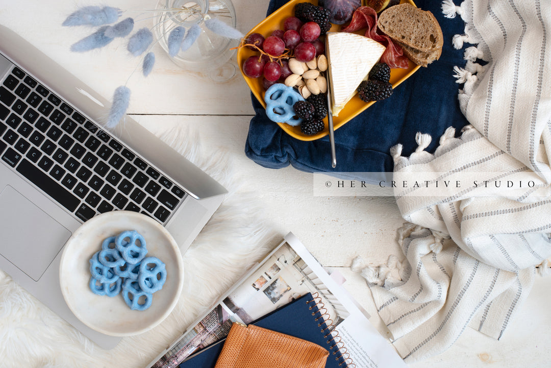 Cheese Plate, Laptop & Pretzels, Stock Image