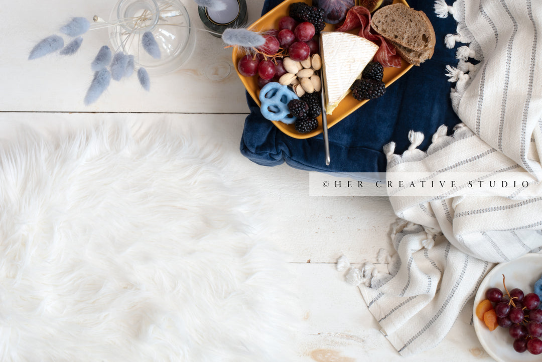 Cheese Plate & Bunny Tail on Wood Background, Stock image