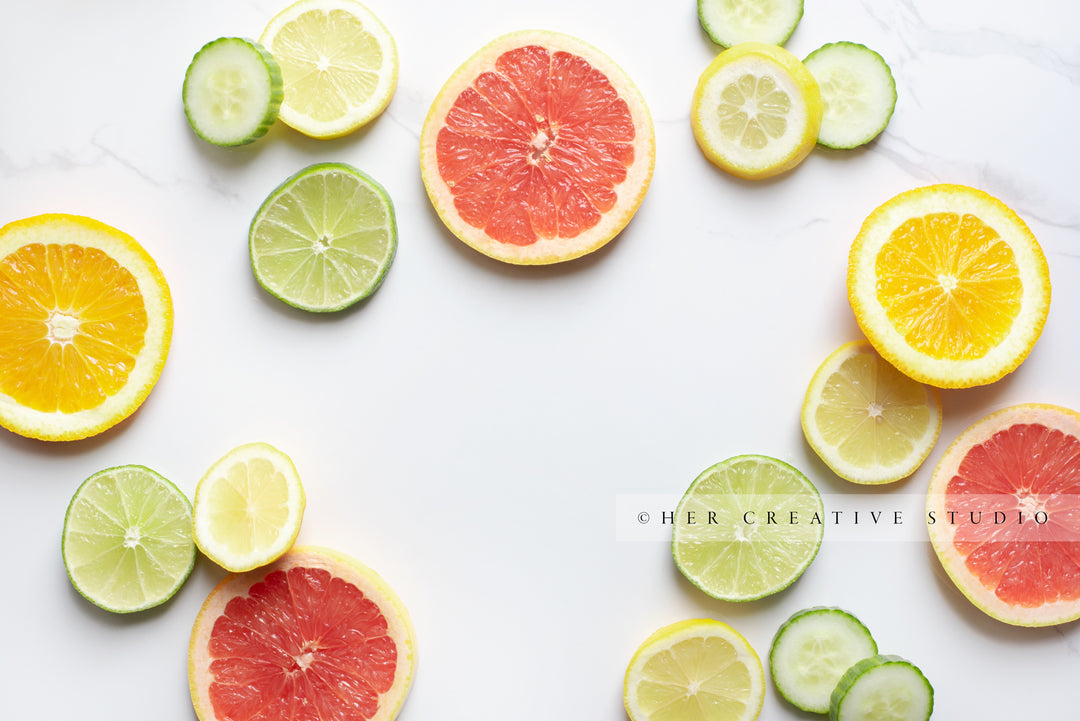 Citrus Slices on Marble Background. Stock Image.