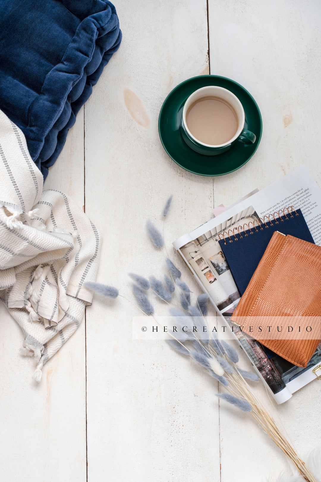 Coffee, Bunny Tail & notebook on Floor, Styled Stock