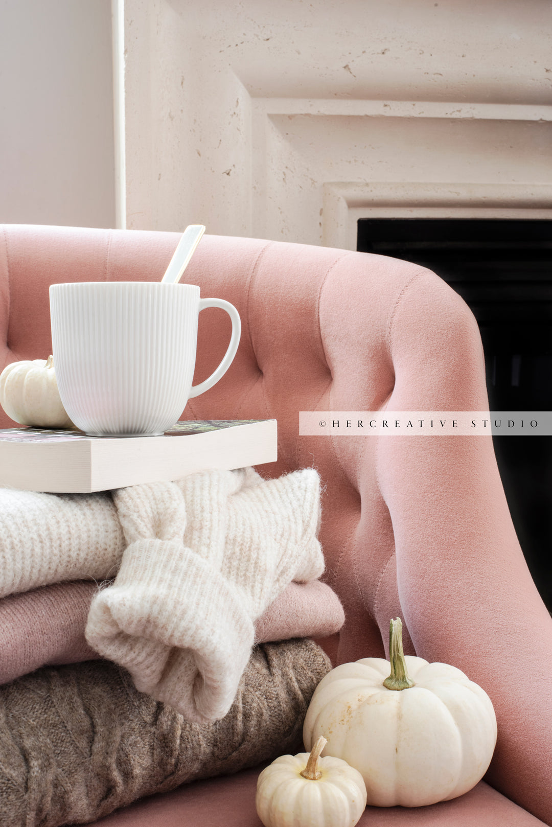 Coffee, Pumpkins & Sweaters on Pink Chair. Digital Stock Image.