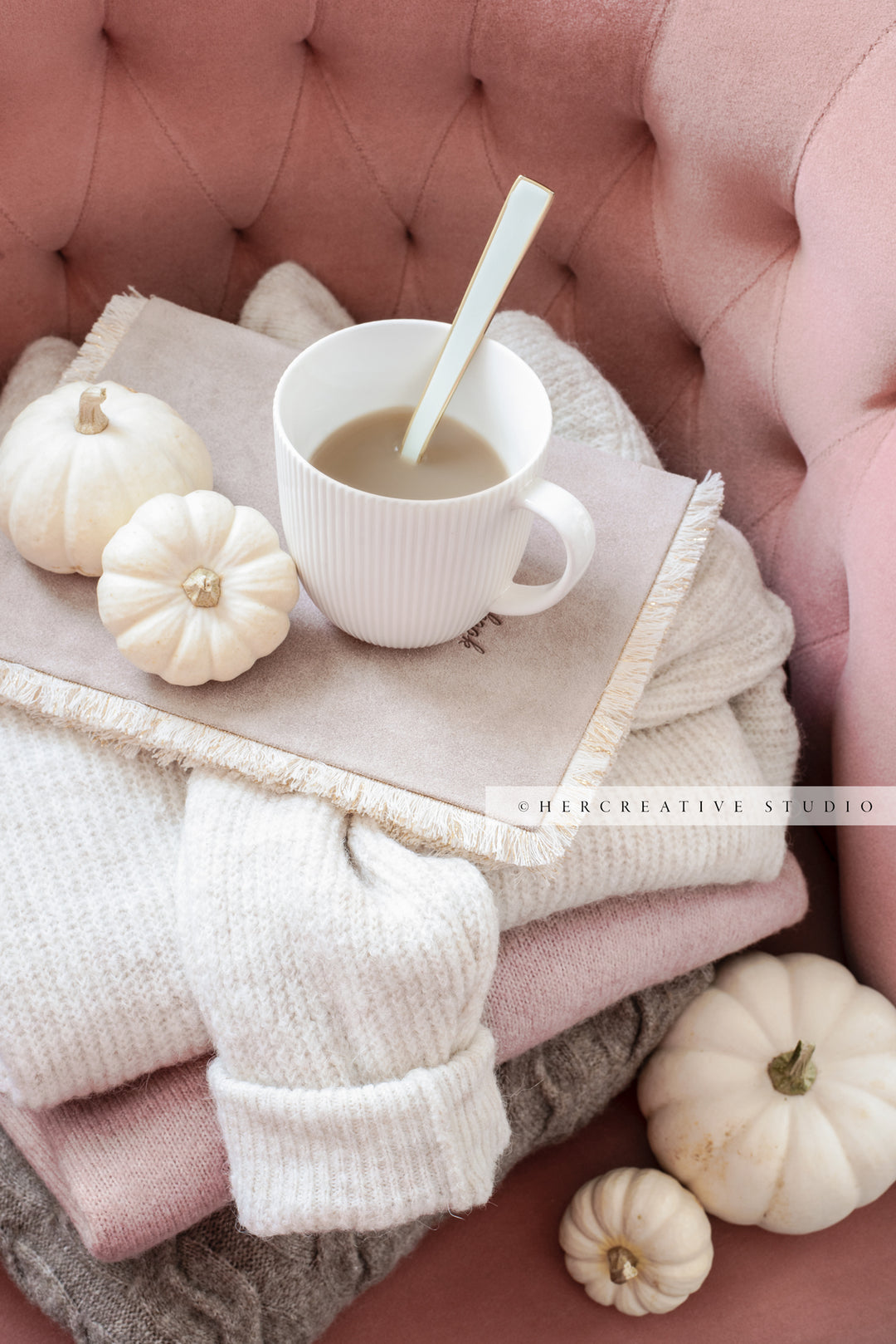 Tea, Pumpkins & Sweaters on Pink Chair. Digital Stock Image.