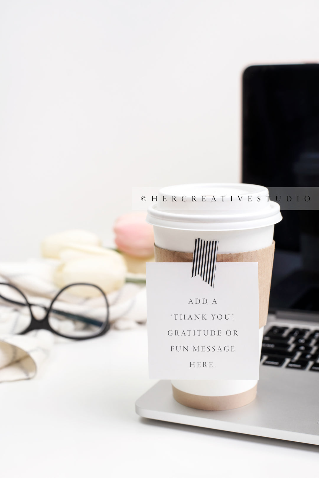 Coffee Cup with Note on Laptop, Styled Image