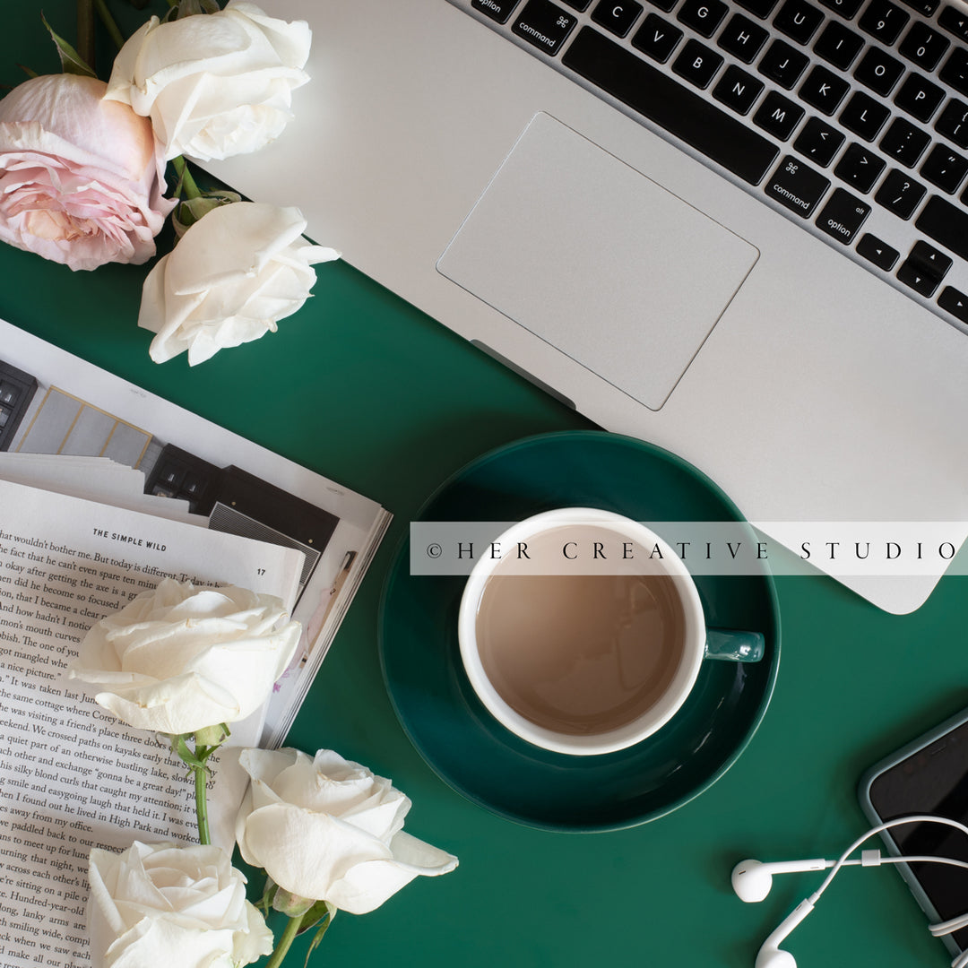Coffee, Roses and Laptop, Styled Stock Image