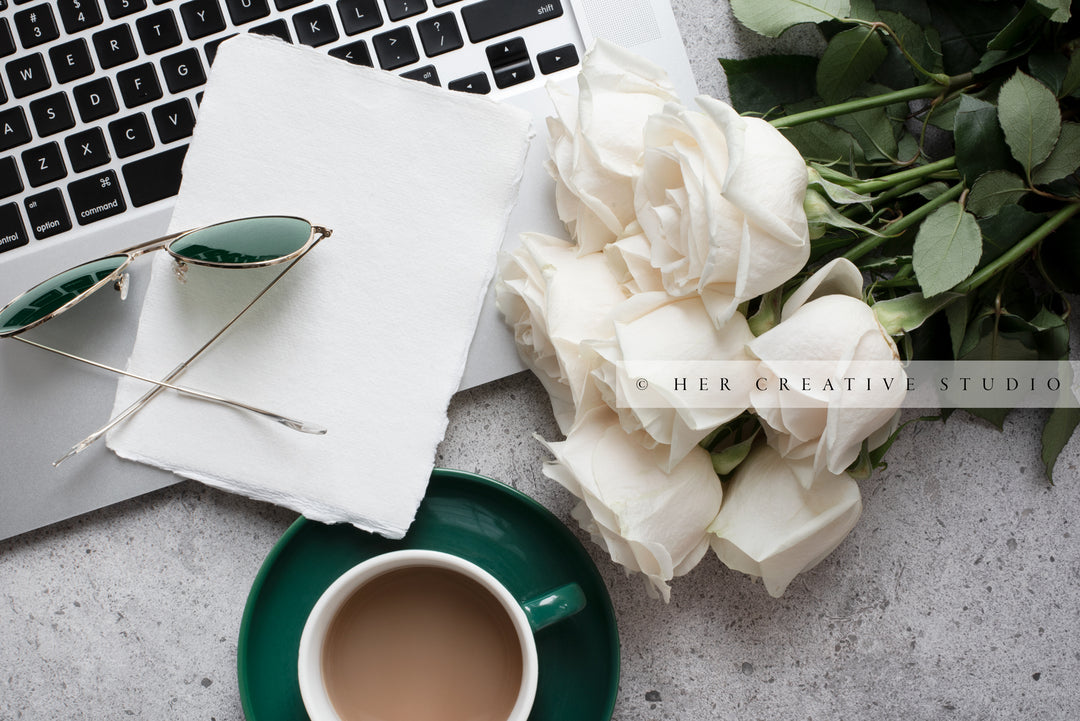 Notecard, Sunglasses, Coffee & Roses. Digital Stock Image