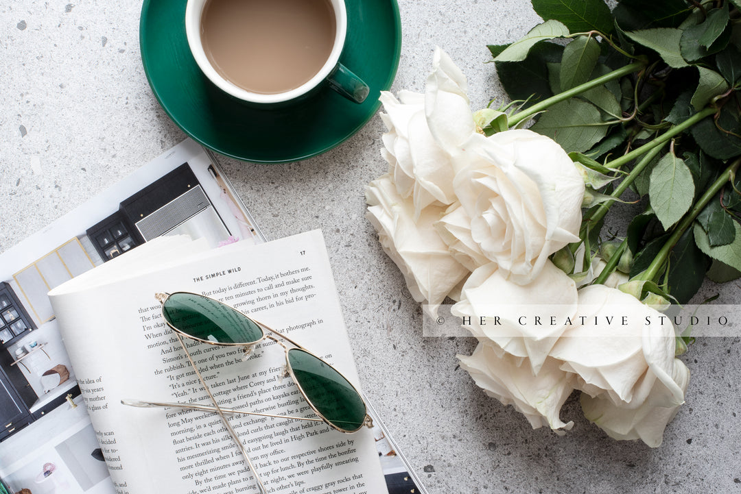 Book, Sunglasses, Coffee & Roses. Digital Stock Image