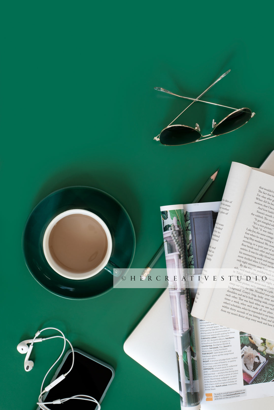 Sunglasses, Smartphone & Coffee on Green Background. Stock Image