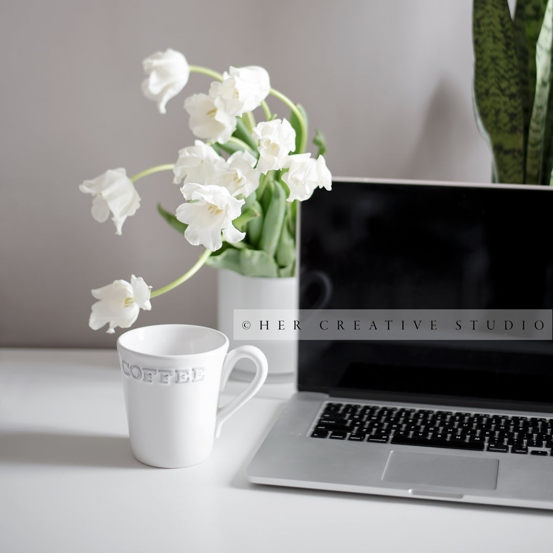 Tulips, Coffee & Laptop Workspace