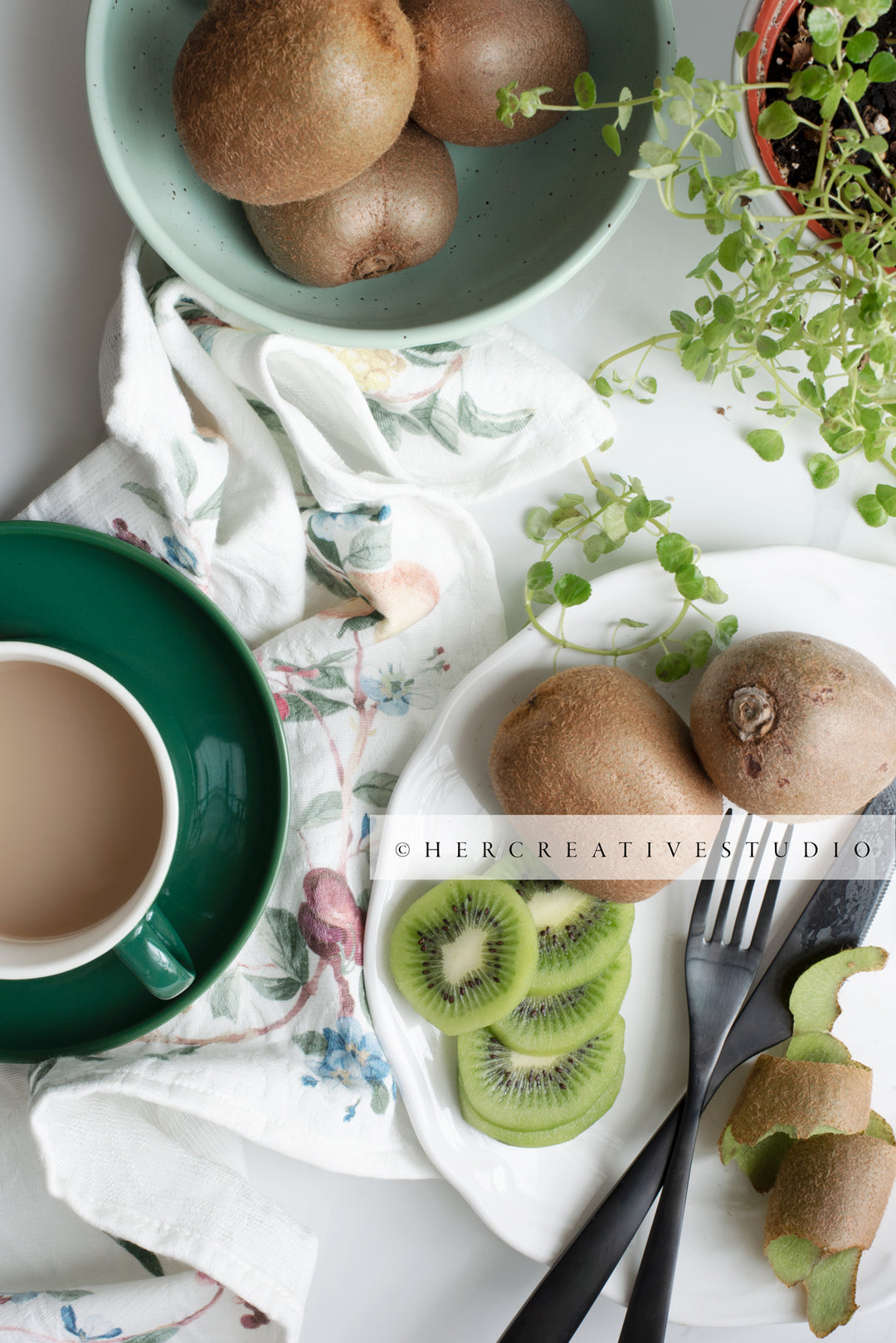 Coffee in a Green Mug & Kiwi, Styled Stock Image