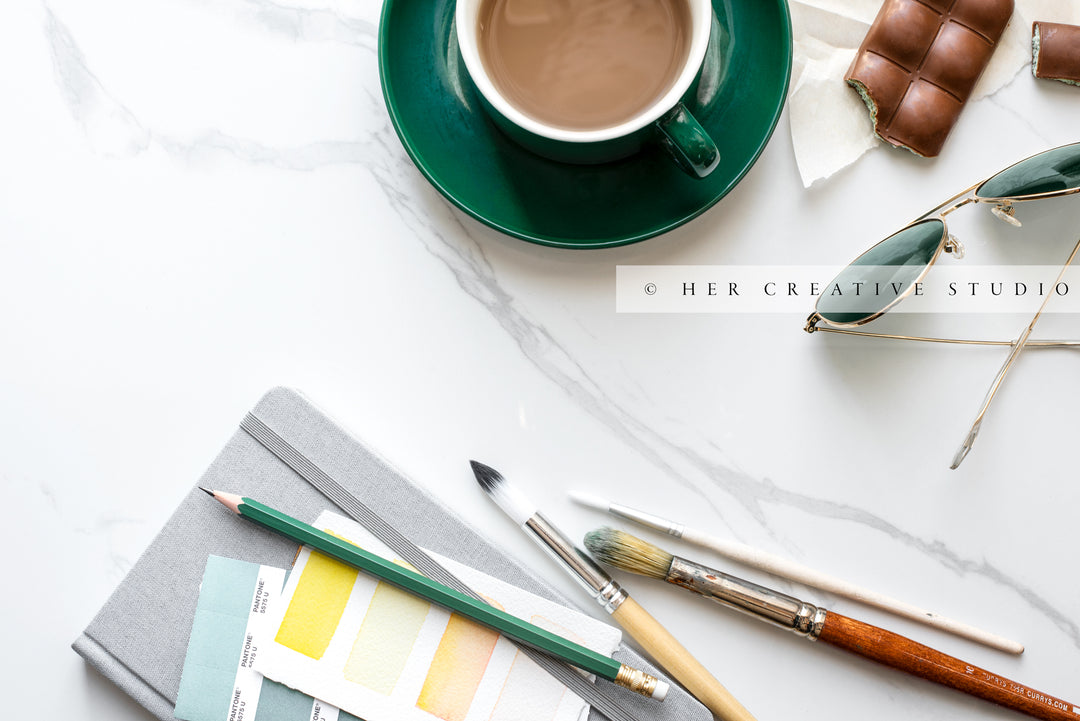Paintbrushes, Coffee & Chocolate. Digital Stock Image