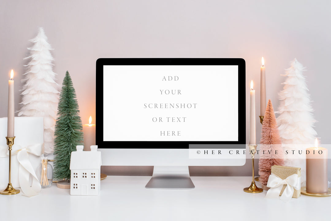 Computer Mockup with Holiday Candles, White & Green Trees