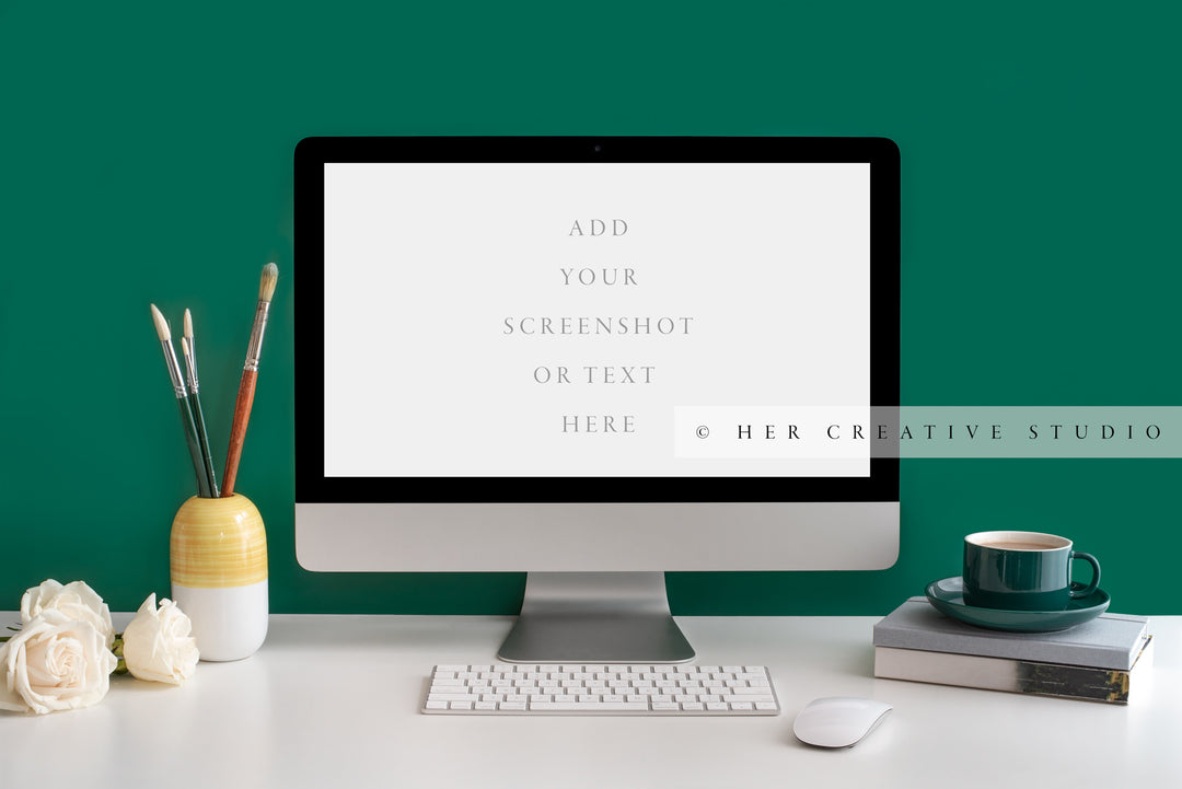 Computer Mockup on Green Workspace 2, Styled Stock Image