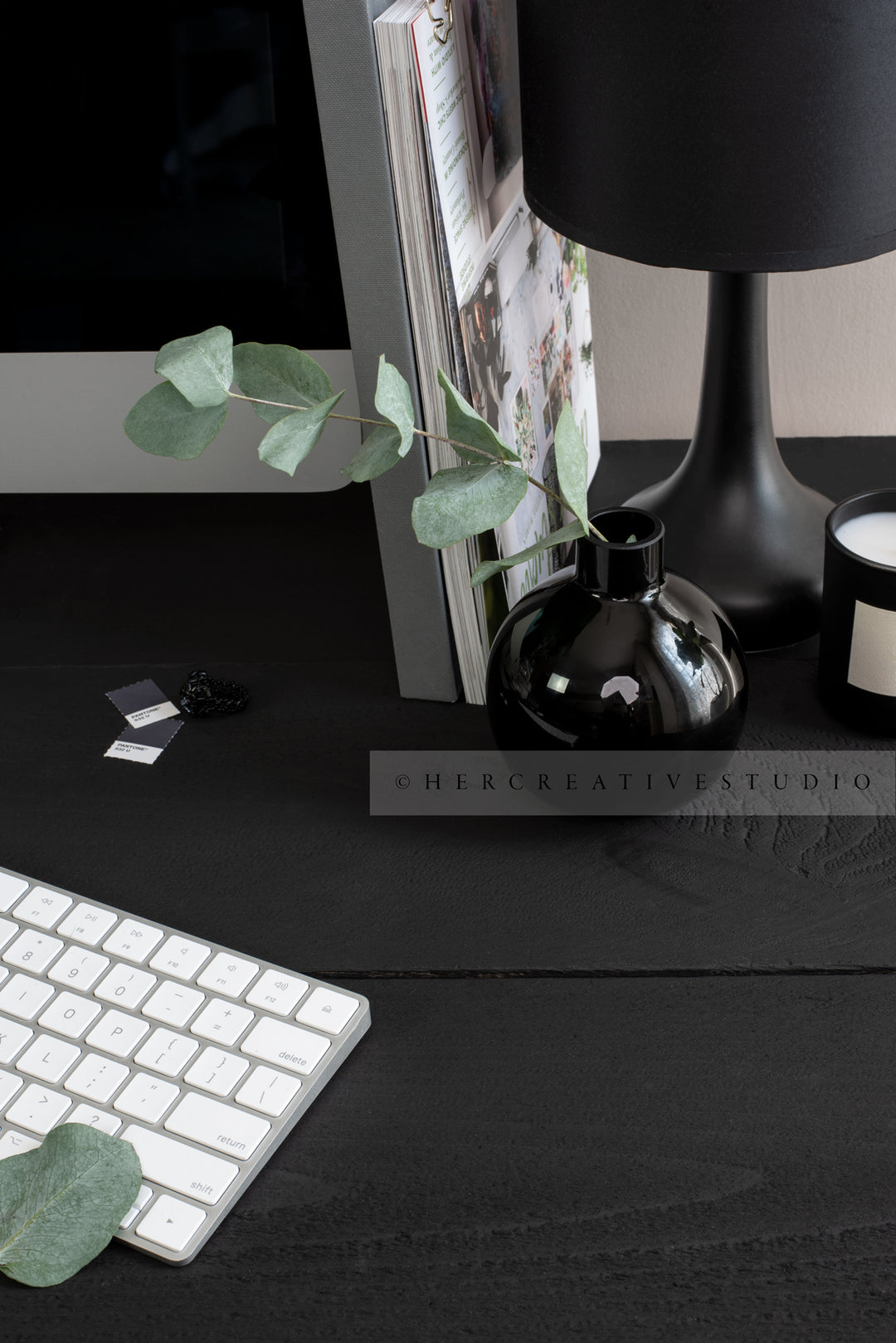 Eucalyptus & Desk Accessories on Black Desk