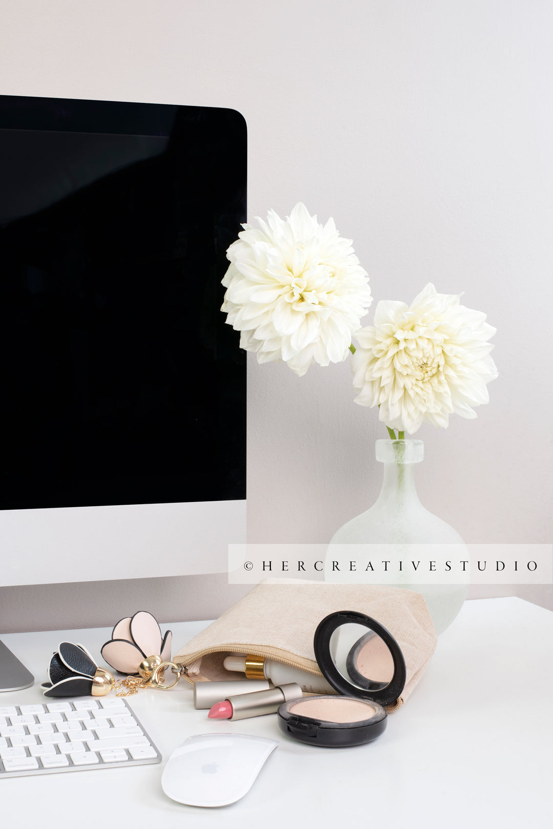 Dahlia & Makeup on Computer Desk, Styled Stock
