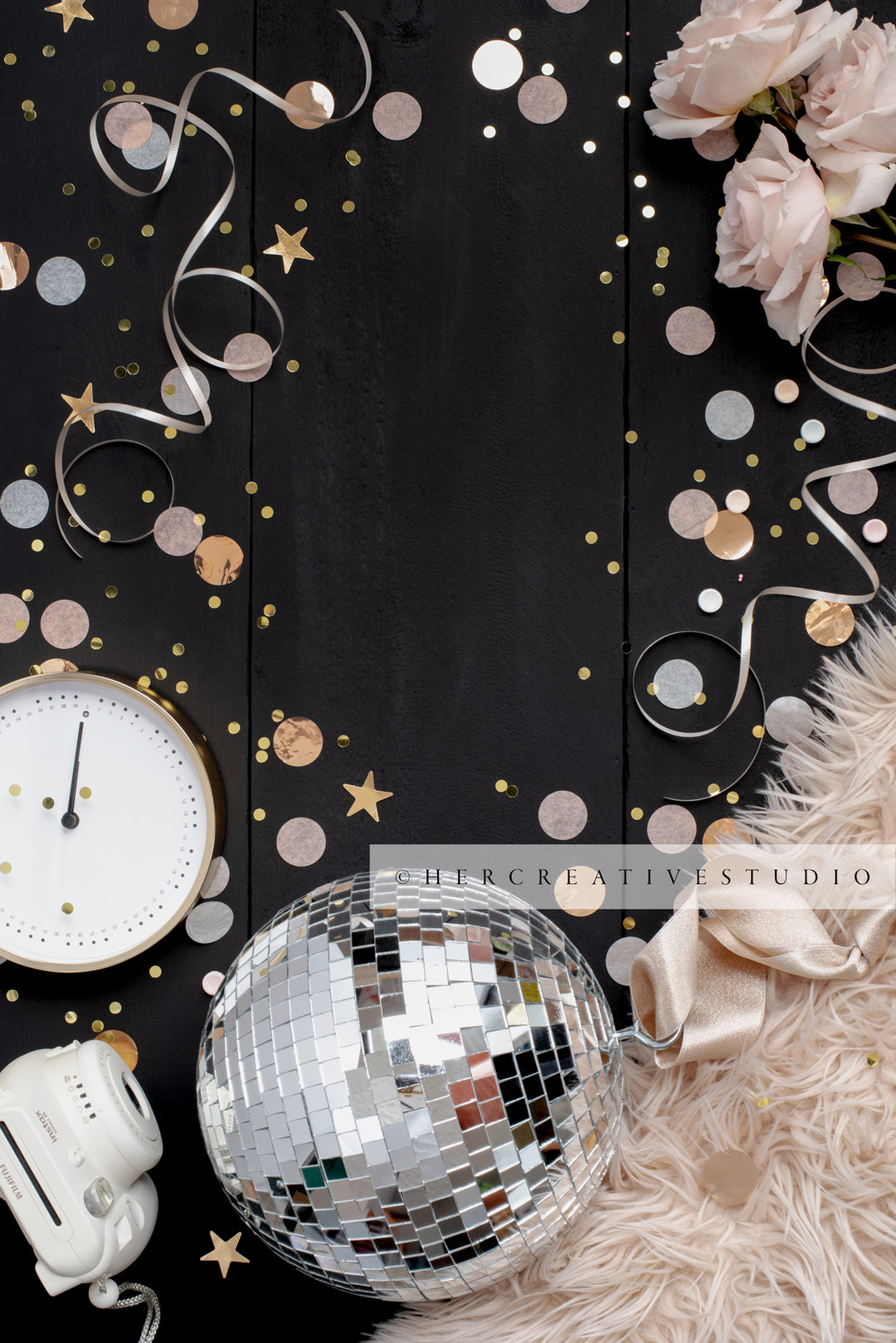 Disco Ball, Clock & Camera, New Year's Eve Stock Image