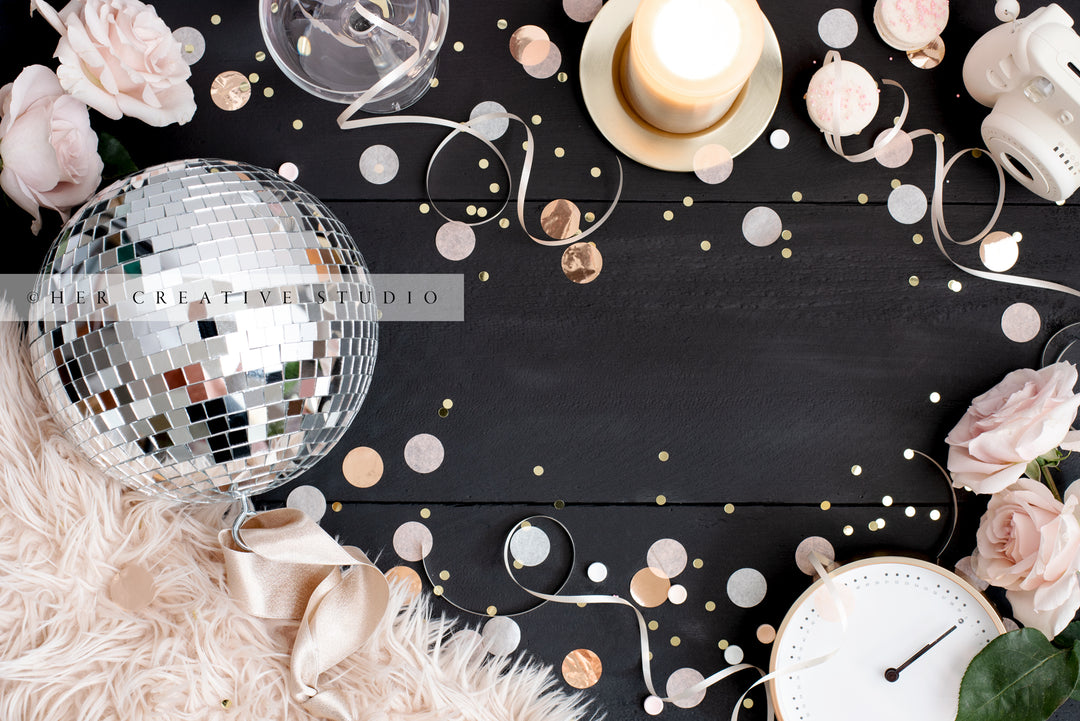 Disco Ball & Clock at Midnight, New Years's Eve Stock Image