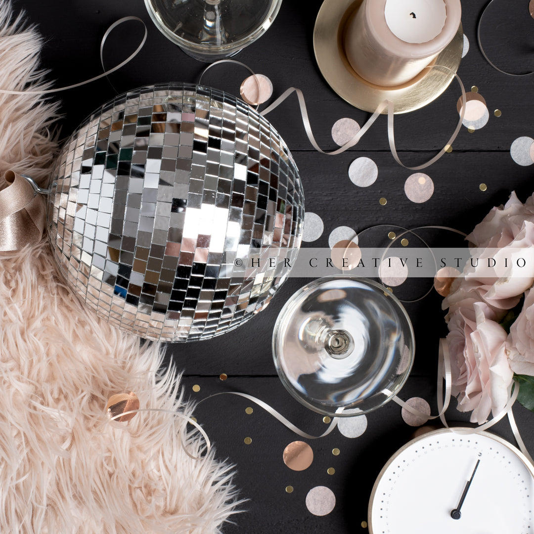 Disco Ball, Clock & Champagne, Stock Image