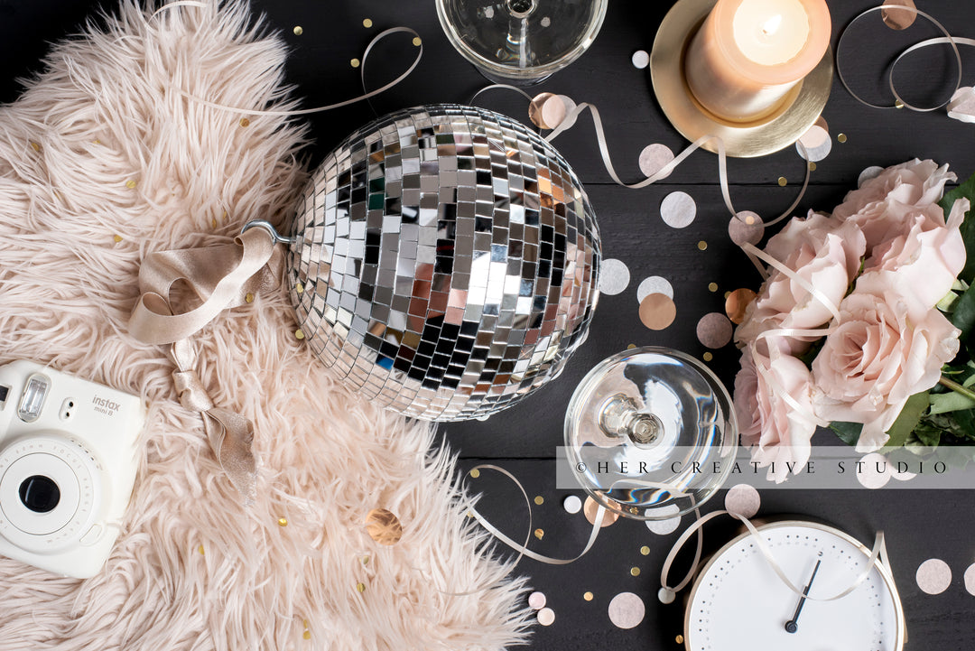 Disco Ball, Candle & Roses, New Years's Eve Stock Image