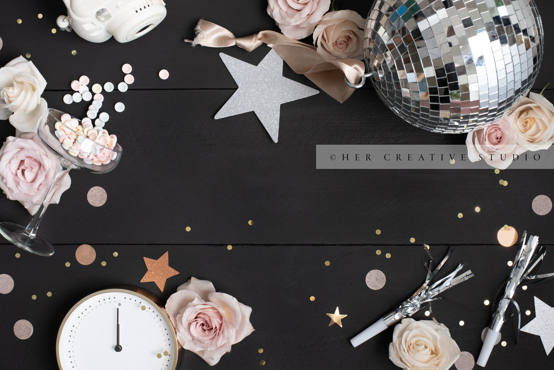 Disco Ball, Candy & Clock at Midnight, New Years's Eve Stock Image