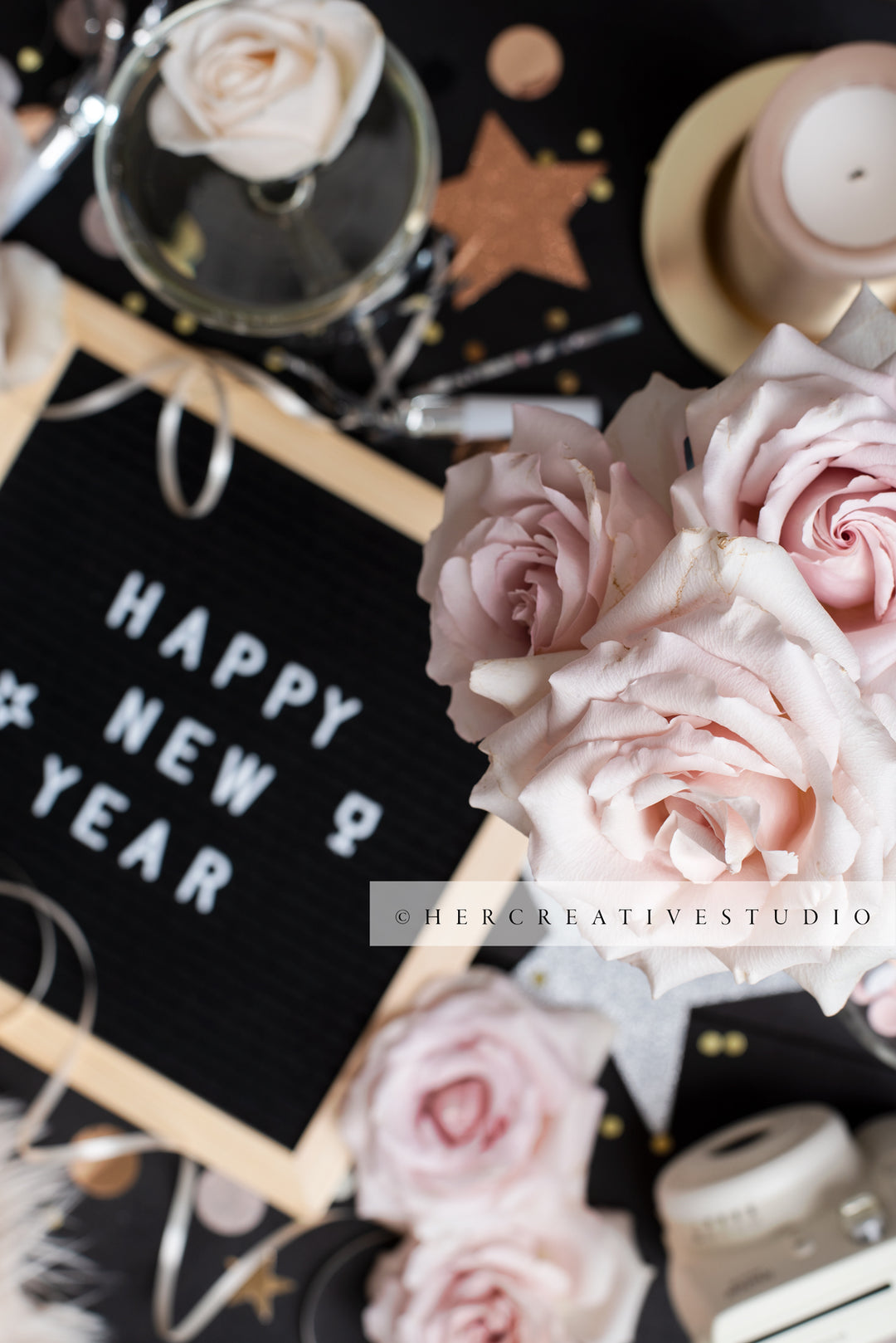 Letterboard, Candle & Roses, New Years's Eve Stock Image