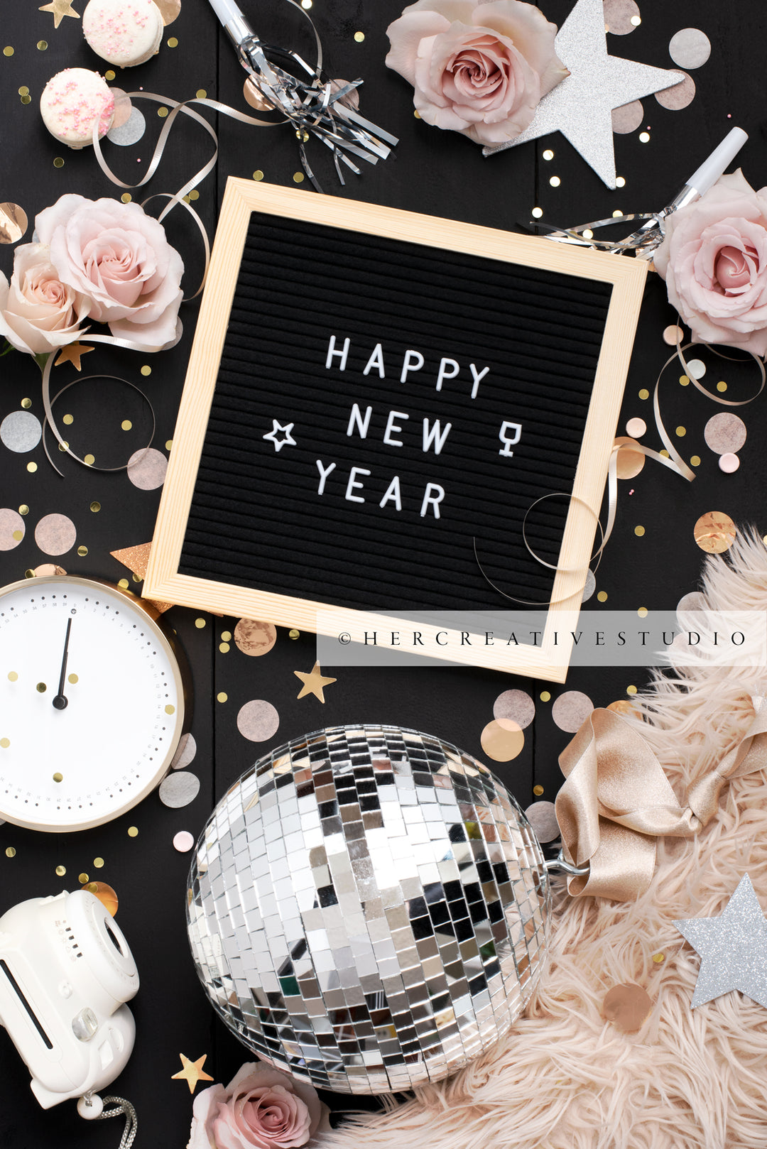 Disco Ball, Letterboard & Roses, Stock Image