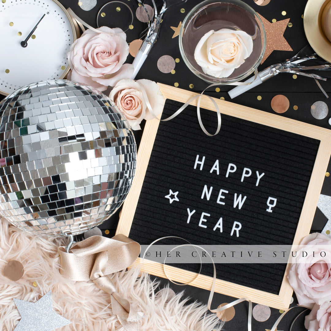 Disco Ball, Happy New Year & Clock, Stock Image