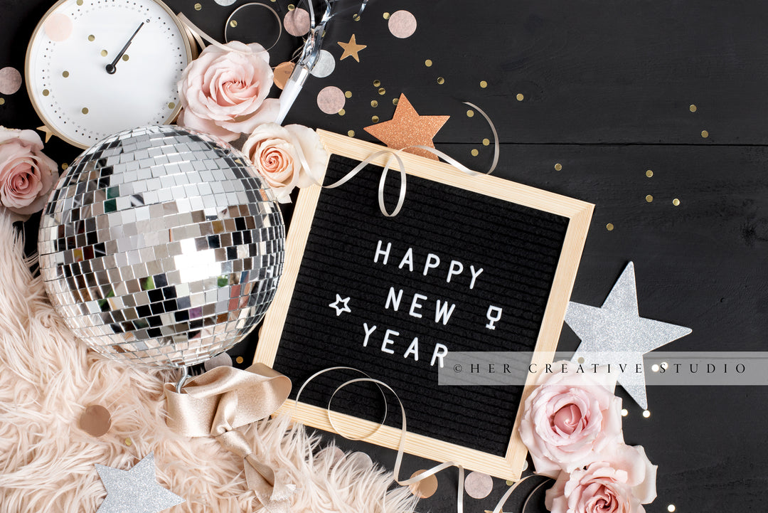 Disco Ball, Clock & Letterboard, New Years's Eve Stock Image